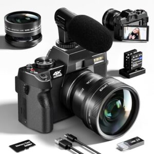 4K Digital Cameras for Photography 48MP/60FPS Video Vlogging Camera for YouTube with 3″ 180° Flip Screen WiFi, 16X Digital Zoom Cameras with 32GB Micro Card Wide-Angle & Macro Lens (Black)