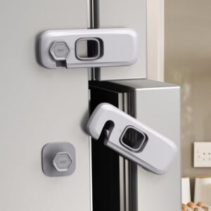 5 Pack Child Proof Refrigerator Lock, QYESWHSR Fridge Locks for Kids with Sticky Adhesive Pads, Child Safety Locks for Doors, RV Refrigerator, Oven Lock Child Safety Baby Cabinet Locks – Grey Updated