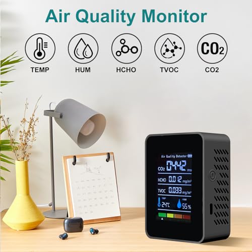 5 in 1 Indoor Air Quality Monitor, Portable Smartair Quality Tester for CO2 | TVOC | HCHO | Temp | Hum, Air Quality Test for Home, Office, School, Hotel, Car (Black) - Image 3