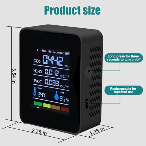 5 in 1 Indoor Air Quality Monitor, Portable Smartair Quality Tester for CO2 | TVOC | HCHO | Temp | Hum, Air Quality Test for Home, Office, School, Hotel, Car (Black) - Image 7