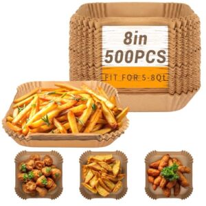 500Pcs Air Fryer Paper Liners, 8” Square Disposable Parchment Paper Liner for 5-8 QT Air Fryer, Non-Stick, Oil Proof Unbleached Airfryer for Baking, Roasting Microwave