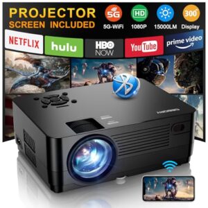 5G WiFi Bluetooth Native 1080P Projector[Projector Screen and Carrying Bag Included], CEBORY 15000LM Full HD Movie Projector,300″ Display 4k Home Video Projector,Compatible with HDMI/USB/PHONE/Laptop