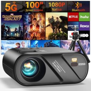 5G WiFi Bluetooth Projector, Outdoor Movie Projector [Projector Screen and Tripod Included], Full HD 1080P Video Projector for Home Theater, Compatible with Phone, HDMI, USB, Laptop, TV Stick, U Disk