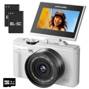 5K Digital Camera for Photography – 75MP Autofocus Vlogging Camera for YouTube with 64GB SD Card, WiFi, 18X Zoom 3″ 180° Flip Screen Compact Travel Camera with 2 Batteries for Teens and Beginner