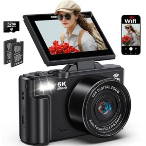 5K Digital Camera for Photography, 75MP WiFi Vlogging Camera for YouTube with 3″ 180° Flip Screen, 18X Zoom UHD Autofocus Video Camara with 32GB SD Card, 2 Batteries