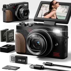 5K Digital Cameras for Photography Autofocus,64MP Vlogging Cameras for YouTube,18X Digital Zoom Travel Camera with Anti-Shake,2 Batteries,32GB SD Card（Black）
