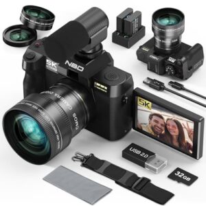 5K Digital Cameras for Photography,48MP Camara Fotograficas,Travel Vlogging Cameras for YouTube with 16X Digital Zoom,180°Flip Screen,52mm Macro Lens,2 Batteries,32GB SD Card（Black）