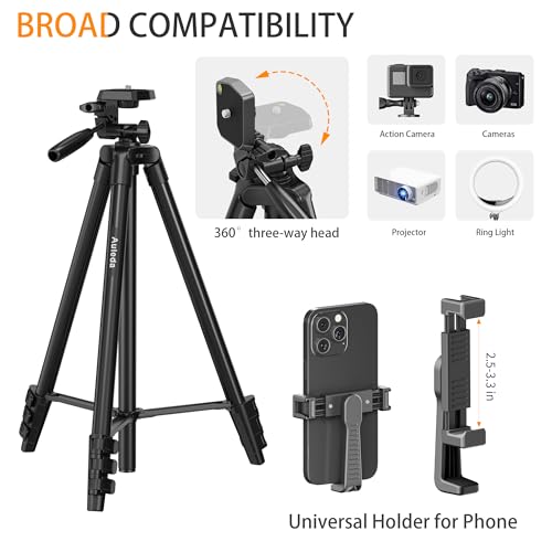 60″ Camera Tripod Lightweight Travel Tripod Stand Compatible with Canon Nikon DSLR Cameras with Wireless Remote Phone Holder and Bag Max Load 6.6 LB Black - Image 4