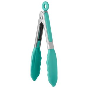 600ºF Heat Resistant Kitchen Tong: U-Taste 7in Silicone Cooking Tong with Firm Sealed Non Stick Rubber Tips & Silicon Coated 18/8 Stainless Steel Handle & Smooth Locking for Serving Salad (Aqua Sky)