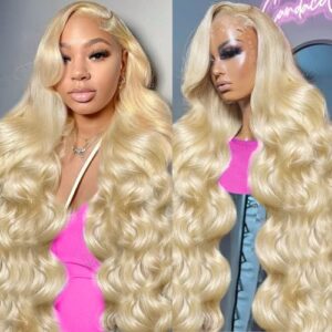 613 13×6 Lace Front Wig Human Hair 200 Density Body Wave Blonde Lace Front Wigs Human Hair 28 Inch Full & Thick 613 HD Lace Frontal Wig Pre Plucked with Baby Hair for Women.
