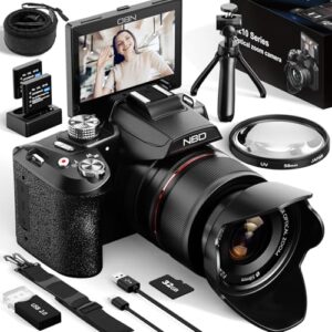 64MP Digital Cameras for Photography,5K Vlogging Cameras for YouTube,16X Optical Zoom Travel Point and Shoot Digital Cameras Fotograficas with 180°Flip Screen,58mm UV Lens,2 Batteries（Black）