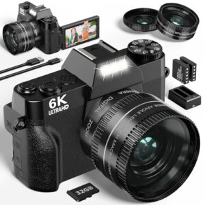 6K Digital Camera for Photography – WiFi 64MP Vlogging Cameras for YouTube with 3″ 180° Flip Screen, 16X Digital Zoom Autofocus Vlog Travel Camara with 32GB SD Card, 2 Batteries and Double Charger