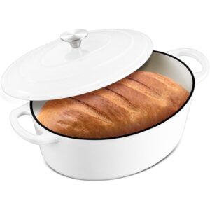 7 Quart Oval Dutch Oven with Lid, Leonyo 7QT Enameled Oval Cast Iron Dutch Oven for Sourdough Bread Breaking, Heavy Duty Cookware for Braising, Stews, Roasting, White