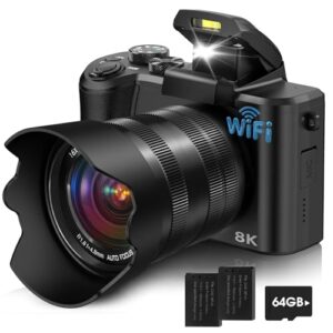 8K Digital Camera, 88MP Cameras for Photography with WiFi & Touch Screen, 16X Zoom Vlogging Camera for YouTube Video, Autofocus & Anti-Shake, Dual Camera, 2 Batteries, 64GB Card, Flash, Lens Hood