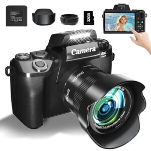 8K Digital Camera for Photography, WiFi & Dual-Lens Vlogging Camera for YouTube with 4″ Touch Screen, 64MP Vlog Cameras 16X Digital Zoom with 3000mAh Battery, 32GB TF Card & Lens Hood(Black)