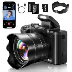 8K Digital Cameras for Photography – Autofocus 88MP WiFi Vlogging Camera for YouTube with Dual-Lens – 16X Digital Zoom Vlog Camera with Lens Hood, Flash, Touch Screen, 2 Batteries, 32GB TF Card