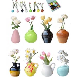 8PCS Cute Mini Vase Magnets for Fridge, Ceramic Refrigerator Magnets, Small 3D Plant Vase, Suitable for Fridge, Kitchen, Office Decoration(Contains 8 Artificial Flowers)
