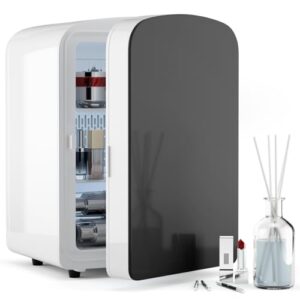9L Mini Fridge for Bedroom – Car, College Dorm Room & Office Desk 12v Portable Cooler Warmer Skincare, Beauty Makeup, Drinks, Food AC/DC Small Refrigerator with Glass Front, 110 Volts, White