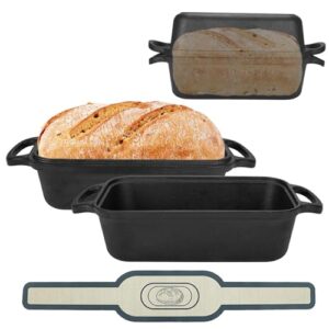 9×5-inch cast iron bread pan with lid homemade bread pan, /sourdough baking pan/comes with 2 bread mats for even heat distribution. Suitable for baking bread, meatloaf and cakes. 2-piece set.
