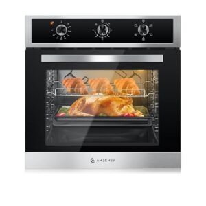 AMZCHEF 24″ Single Wall Oven, 2.65 Cu.ft. Built-in Electric Wall Oven with 5 Cooking Functions, 360° ROTATING ROTISSERIE, 2200W, Mechanical Knobs Control, Timer, Stainless Steel Wall Oven for Kitchen