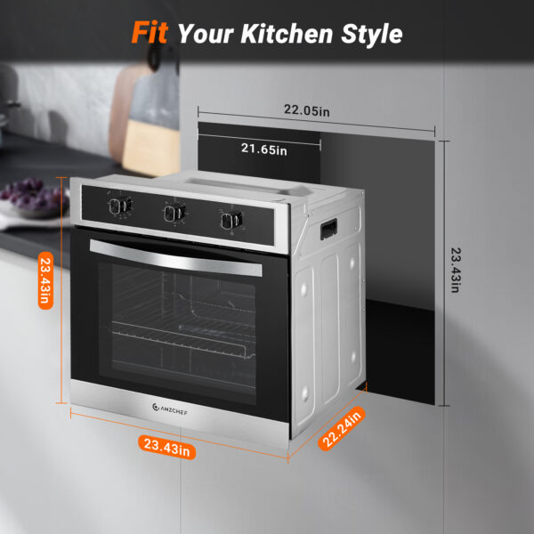 AMZCHEF 24" Single Wall Oven, 2.65 Cu.ft. Built-in Electric Wall Oven with 5 Cooking Functions, 360° ROTATING ROTISSERIE, 2200W, Mechanical Knobs Control, Timer, Stainless Steel Wall Oven for Kitchen - Image 8