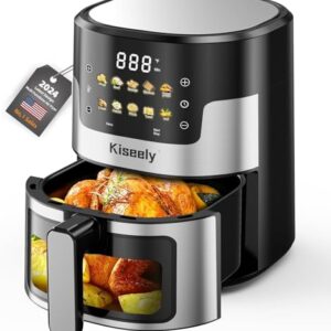 Air Fryer, 6 QT Air Fryers with Glass Touch Screen, Clear Windows, 10-in-1 Stainless Air Fryer Oven with Auto Shut-Off Time & Temperature Control for Roast, Bake, Broil, Keep Warm (DH1)