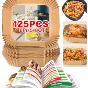 Air Fryer Liners Disposable,125Pcs 8Inch Airfryer Liners with Cheat Sheet Cooking Guide Booklet, Non-Stick Parchment Paper Square, Air Fryer Cookbooks Recipes