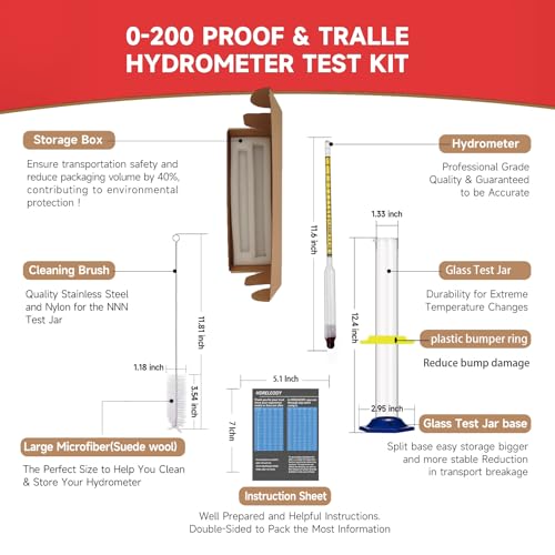 Alcohol Hydrometer Meter Test Kit 0-200 Proof & Tralle,with Glass Test Jar,Accurate Tester & Glass Cylinder for Proofing Distilled Spirits & Moonshine Alcoholmeter Testing Set,HDRELEODY - Image 4