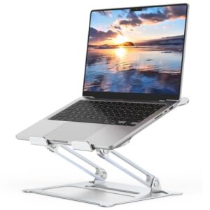 Aluminum Adjustable Laptop Stand, No Wobble Laptop Riser, Foldable Computer Notebook Stand Holder for 10-17″ Laptops, Lightweight & Sturdy, Silver/B