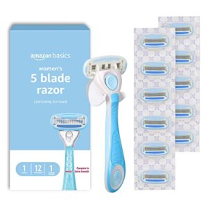 Amazon Basics 5-Blade Razor for Women, Handle, 12 Cartridges & Shower Hanger (Cartridges fit Amazon Basics Razor Handles only) 14 Piece Set, Blue