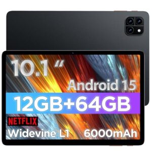 Android Tablet, 10.1 inch Android 15 Tablet, Octa-core CPU, 2 Years Protection, RAM 12GB, ROM 64GB (Up to 2 TB), 800×1280 Resolution, WiFi 6 & Bluetooth 5.4, Dual Speakers, 5MP+8MP, 6000mAh, Black
