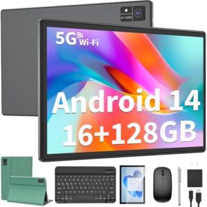 Android Tablet with Keyboard, 10 inch Android 14 Tablets, 16GB RAM 128GB ROM,1TB Expand, 5G WiFi, Bluetooth, 8000mAh Battery, GMS Certified, 2 in 1 Tablet with Keyboard, Mouse, Case, Stylus(Green)