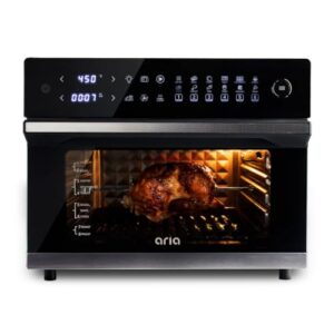 Aria 36 Qt Air Fryer Oven, Ariawave Stainless Steel Air Fryer with Rotisserie, Basket, & Grill Trays, Easy Clean Large Countertop Convection Oven, XL Touchscreen Display & Cooking Presets, Black