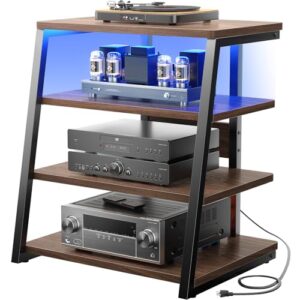 Armocity 4-Tier AV Media Stand with Power Strips, Corner TV Stand with LED Lights, Rack Audio Tower with Adjustable Shelves, Corner Entertainment Center, 30”, Black Walnut