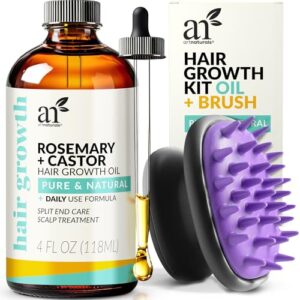 ArtNaturals Organic Rosemary & Castor Hair Growth Oil + Scalp Massager Set – Hair Styling Oils for Dry, Itchy Scalp, Thickening & Hydration – Scalp Oil Products For Damaged Hair & Split Ends – 4.0 oz