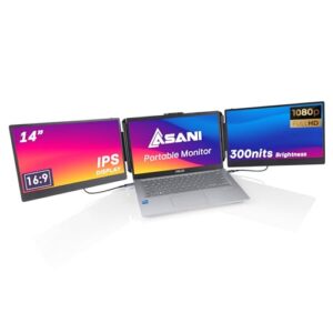 Asani 14″ Portable Monitor – Full HD Tri-Screen Extender for Laptops, USB Type-C plus HDMI, Plug and Play, Compatible with 13″-17″ Laptops, 1080P IPS Panel Display, 300nits Brightness, MacOS & Windows