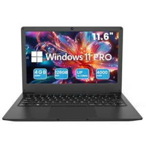 Azeyou 11.6” Laptop HD Display, Student Laptop Computer 4GB DDR4 RAM, 128GB SSD, OS 11 Pro Laptops, WiFi, BT4.2, USB3.0, Type_C 4000mAh Battery (Black)
