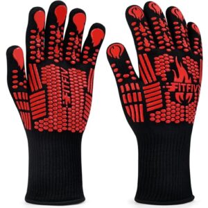 BBQ Gloves, Oven Gloves, Extreme Heat Resistant Barbecue Gloves, Silicone Non-Slip Oven Mitts, Kitchen Gloves for Cooking, Grilling, and Baking (Red)
