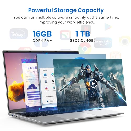 BIGASUO 16" Laptop Computer, 16GB DDR4 RAM 1TB SSD, Quad-Core N100 Processor Up to 3.4GHz, 1200P FHD IPS Display, Windows 11 Laptops with USB 3.0, Type-C, Mini-HDMI, 2.4/5G WiFi, RJ45, Sliver - Image 4