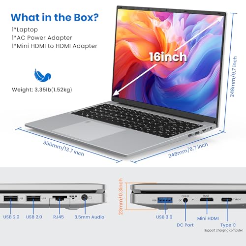 BIGASUO 16" Laptop Computer, 16GB DDR4 RAM 1TB SSD, Quad-Core N100 Processor Up to 3.4GHz, 1200P FHD IPS Display, Windows 11 Laptops with USB 3.0, Type-C, Mini-HDMI, 2.4/5G WiFi, RJ45, Sliver - Image 6