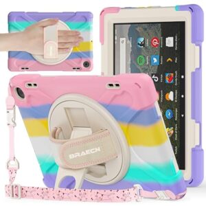 BRAECNstock Kids Case for Amazon Fire HD 8 Tablet 12th Generation 2024/2022 8 inch with Rotating Hand Strap + Stand Shouler Strap Pen Holder Shockproof Protective Kindle Fire HD 8 Case – Colorful Pink