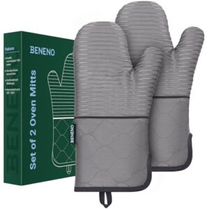 Beneno Non-Slip Silicone Textured Cotton Oven Mitts, Heat Resistant up to 500° F, Flexible Grip with 14.3″x7″ Longer Protection, Durable 100% Cotton Oven Mitts for Kitchen & Barbecue, 2-Pack, Gray