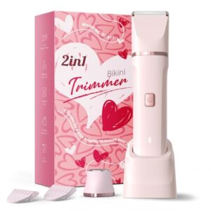 Bikini Trimmer for Women – Painless Electric Razors for Silk Skin,Cordless Body Shaver for Trip,Replaceable Lady Facial Razor, IPX7 Waterproof&Easy Cleaning, Ceramic Blade, USB Charge Dock Pink