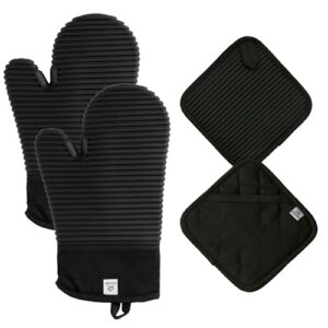 Black Silicone Oven Mitts and Pot Holders Sets | Heat Resistant Silicone Hot Pads & Kitchen Mittens Accessories for Baking | Pair of Oven Gloves & Potholders for Kitchens.