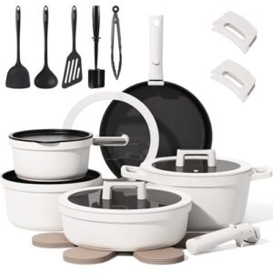 CAROTE 22pcs Pots and Pans Set Non Stick, Detachable Handle Cookware Set White, RV Cooking Set, Dishwasher/Oven/Fridge Safe, Pot and Pan Set, Induction Cookware