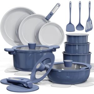 CAROTE 25pcs Ceramic Cookware Set Nonstick, Pots and Pans Set Non stick, Non Toxic Cookware, Dishwasher/Oven Safe, RV/Camping Cookware Set, Pan and Pot with Kitchen Utensils, Navy Blue