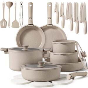 CAROTE 35pcs Pots and Pans Set Non Stick, Cookware Set, Removable Handle Pots and Pans Nonstick, RV Oven Safe Cookware, Induction Kitchen Cookware Set, Knife Set, Taupe