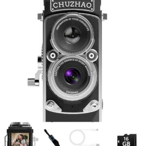 CHUZHAO Vintage Mini Digital Camera, Portable TLR Style Retro Point and Shoot Compact Small Pocket 1080P FHD Video 12MP Autofocus Vlogging Camera with 16 GB Card for Beginners Teens Adults Kids Black