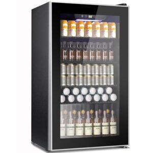 COWSAR Mini Fridge Cooler, 130 Can Beverage Refrigerator with Glass Door, Wine Fridge with Digital Temperature Control, LED Light, Reversible Door for Home, Office, Bar, and Game Room – 3.2 Cu.Ft