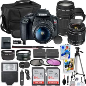Canon EOS Rebel T7 DSLR Camera with 18-55mm & 75-300mm Lens Bundle with Extra Canon Battery + 2X 64GB Memory Cards + Accessory Kit Including Bag, Flash, Aux Lenses, Software & More